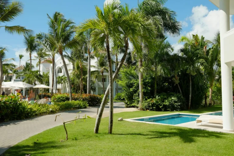 Hotel de luxo em Punta Cana com piscina privativa e palmeiras tropicais.